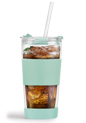 Vialli Design - Kubek termiczny szklany ze słomką 600 ml miętowy Fuori