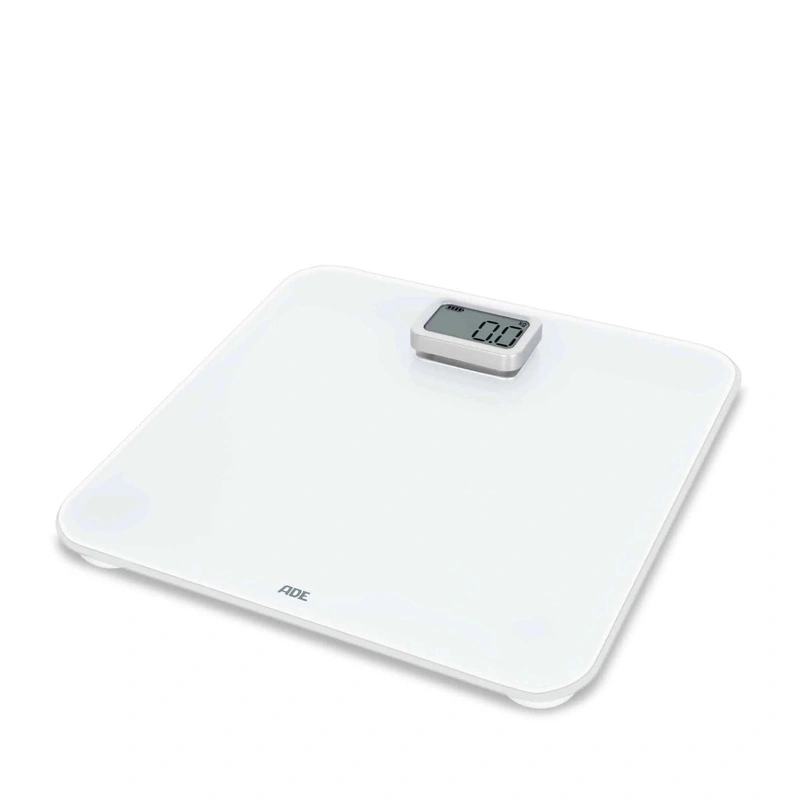 ADE - waga łazienkowa na dynamo, do 150 kg, 30 x 30 cm, biała