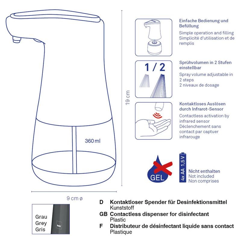 Kela - bezdotykowy dozownik do dezynfekcji, 0,36 l, śred. 9 x 19 cm, ciemnoszary Aurie