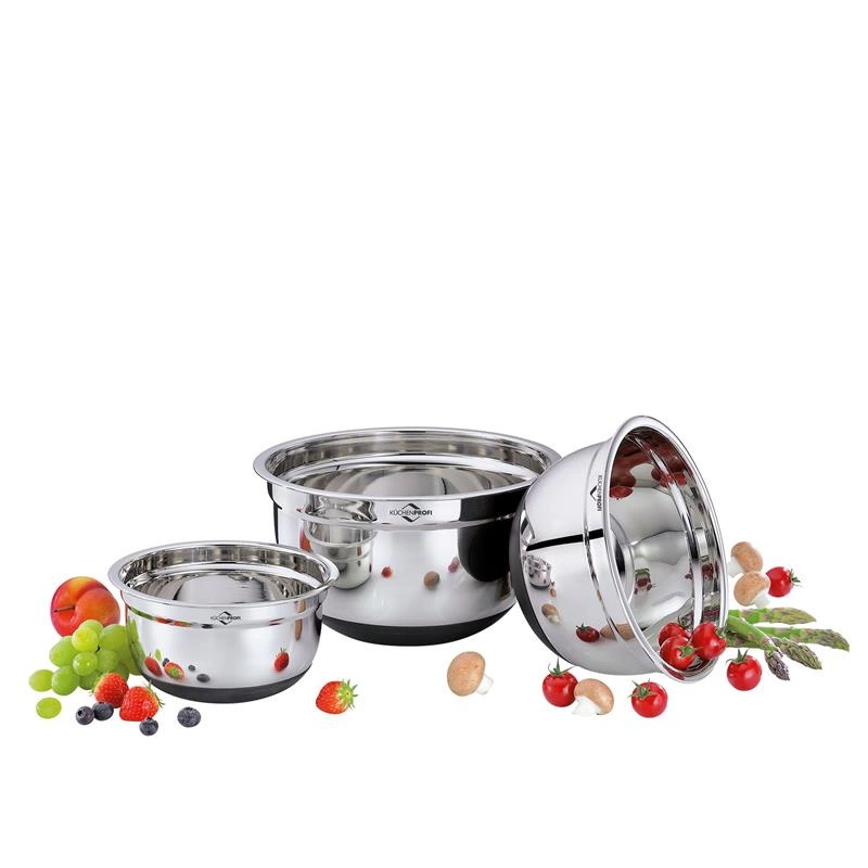 Kuchenprofi - 3 stalowe miski z antypoślizgowym spodem, śred.16, 20, 24 cm; 1,5, 2,6, 4,8 l