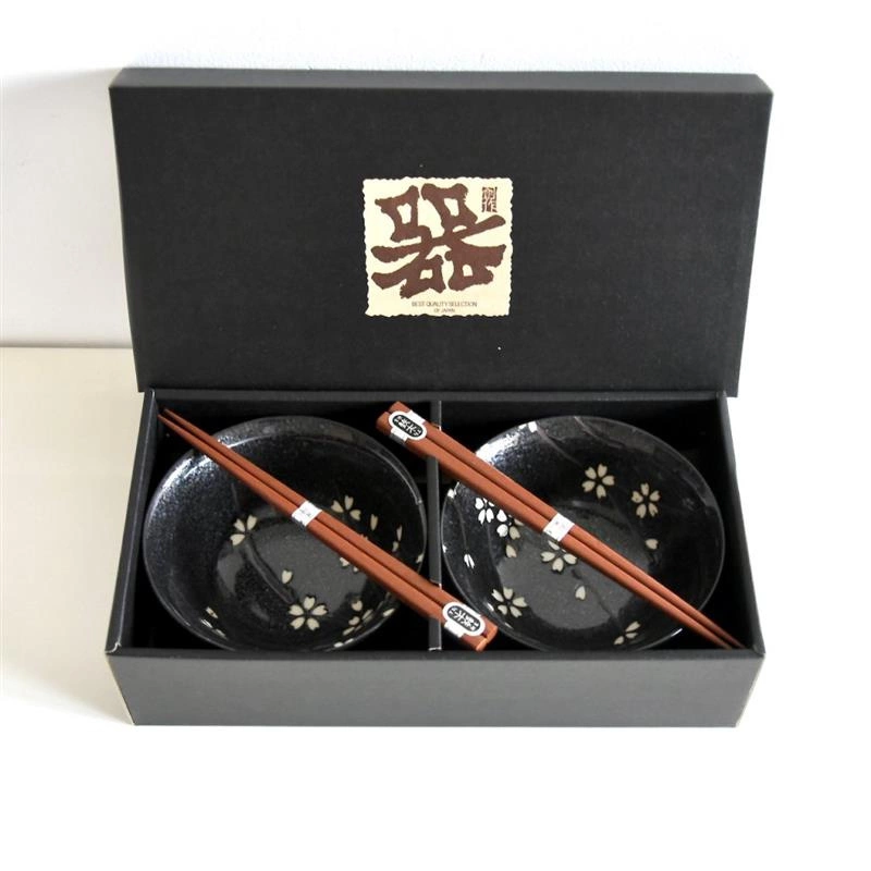 Made in Japan - Zestaw 2 miseczek czarne, białe kwiaty