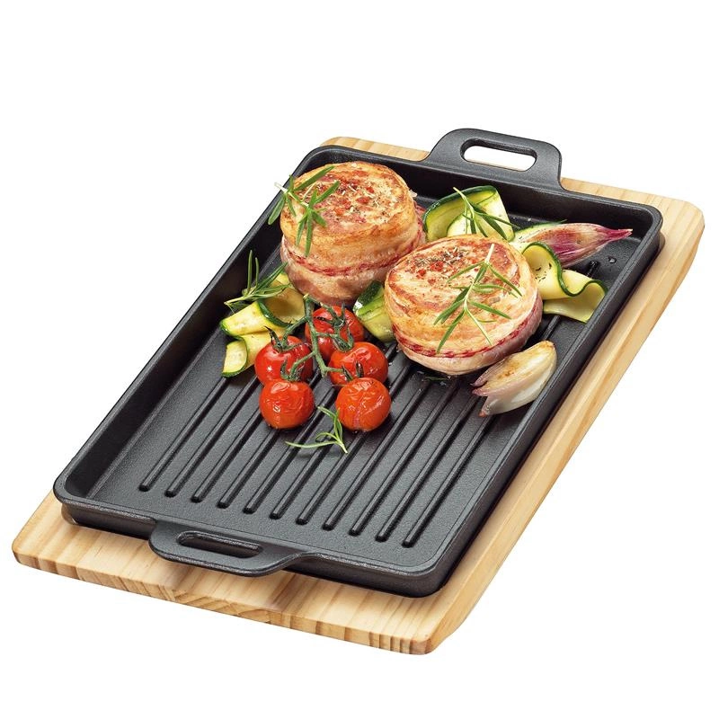 Kuchenprofi - patelnia grillowa na podstawce, 32 x 22 x 3,5 cm, żeliwo/drewno sosnowe BBQ