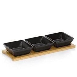 Kela - zestaw 3 kwadratowych porcelanowych miseczek na bambusowej podkładce, 33,5x12x5 cm, czarne Philipa