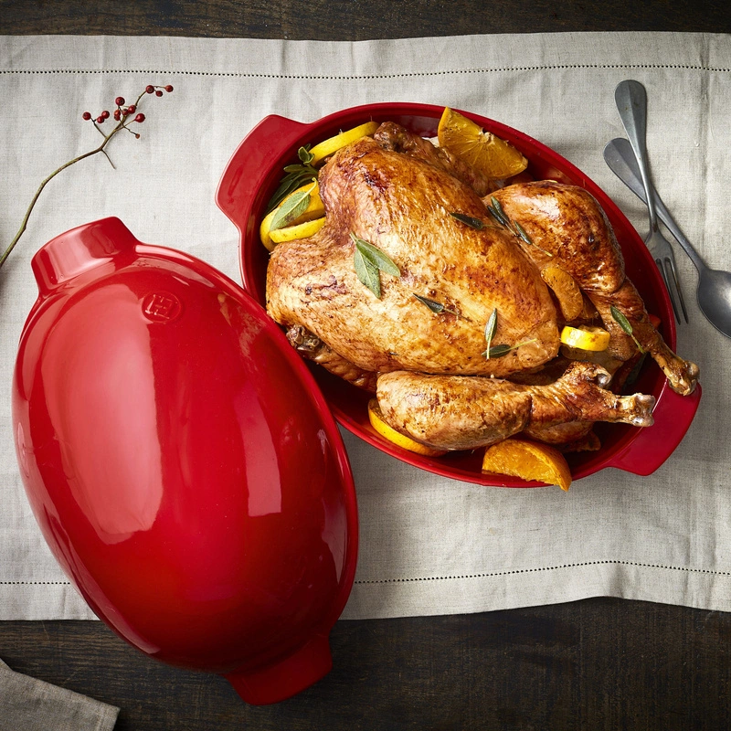 Emile Henry - Duże naczynie do pieczenia drobiu i mięs ceramiczne czerwone
