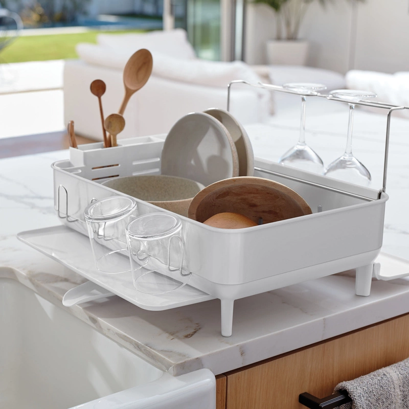 simplehuman - Ociekacz na naczynia z uchwytem na kieliszki - biała stal