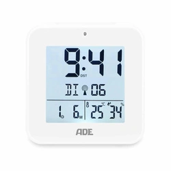 ADE - zegar elektroniczny z termometrem i higrometrem, 8 x 3,5 x 8 cm, biały