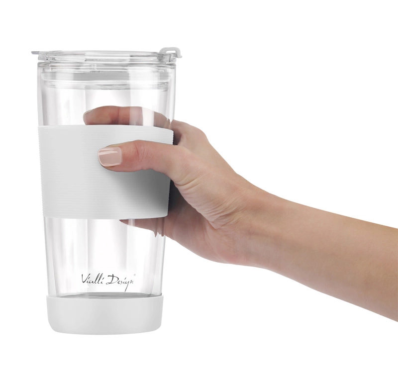 Vialli Design - Kubek termiczny szklany ze słomką 600 ml biały Fuori