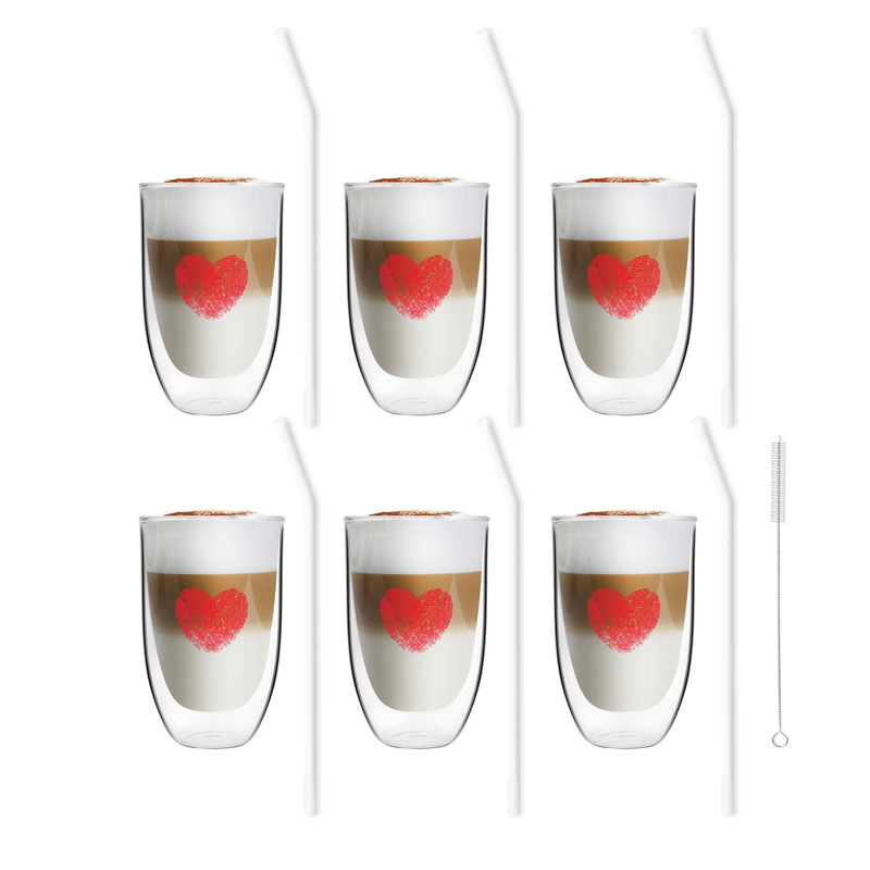Vialli Design - Zestaw 6 szklanek Vita Heart 300ml i 6 słomek szklanych 23cm białych