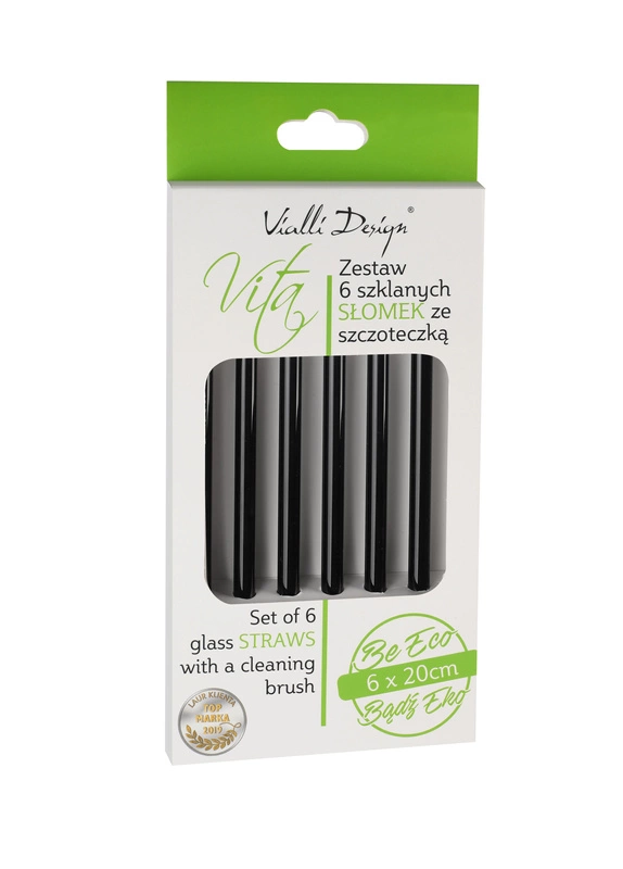 Vialli Design - Słomki szklane czarne 20cm zestaw 6 sztuk ze szczoteczką