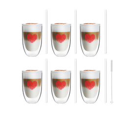 Vialli Design - Zestaw 6 szklanek Vita Heart 300ml i 6 słomek szklanych 20cm białych