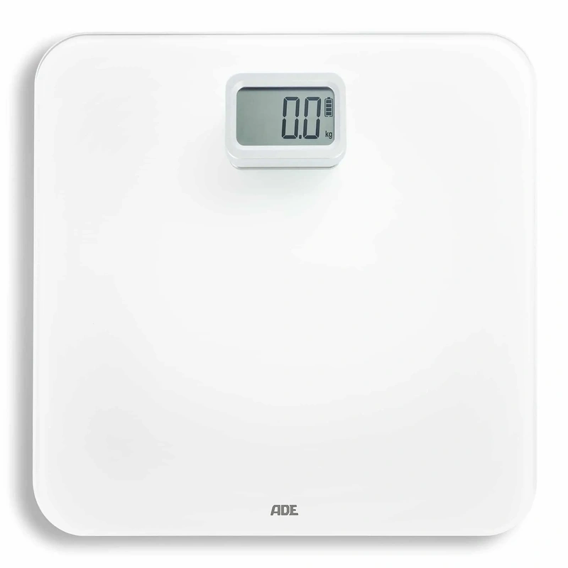 ADE - waga łazienkowa na dynamo, do 150 kg, 30 x 30 cm, biała