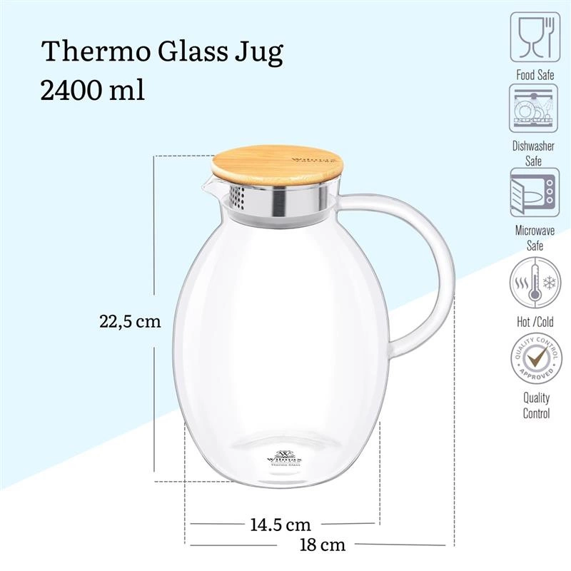 Wilmax - Dzbanek szklany do napojów 2,4 l Oval pokrywa bambusowa
