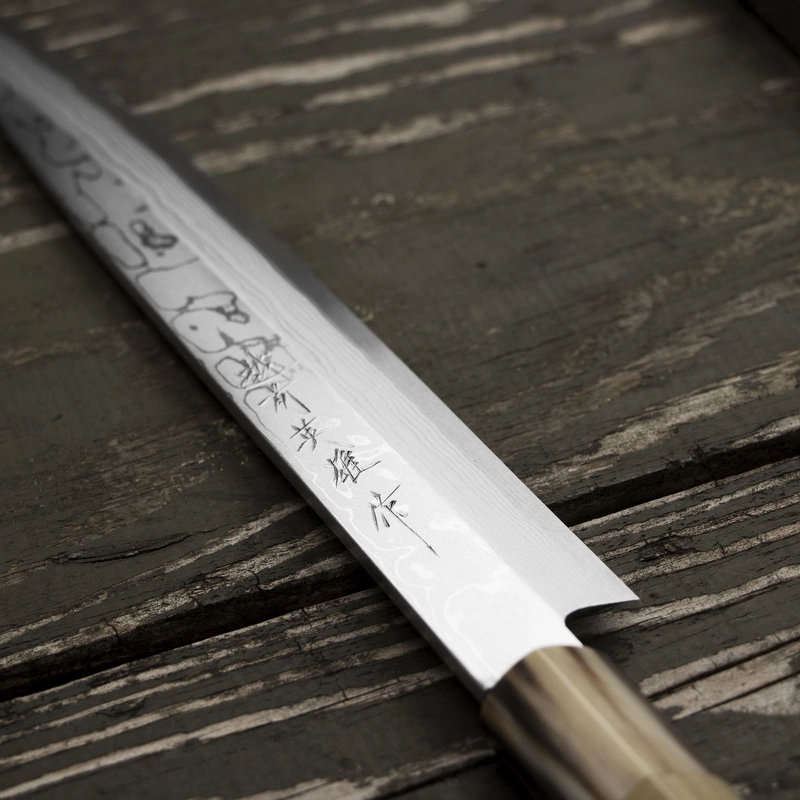 Hideo Kitaoka - Aogami#2 Satin Damascus Nóż Yanagiba 24 cm