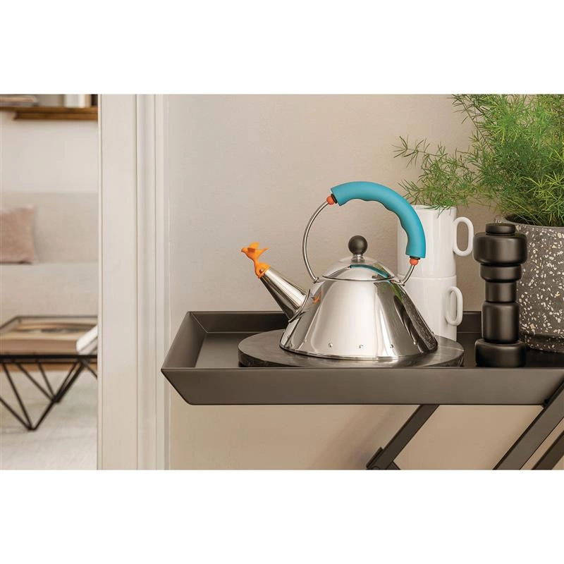 Alessi - czajnik z żółtym gwizdkiem i błękitną rączką 9093