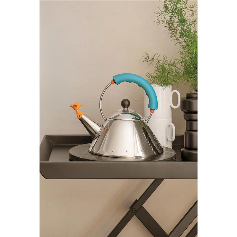 Alessi - czajnik z żółtym gwizdkiem i błękitną rączką 9093