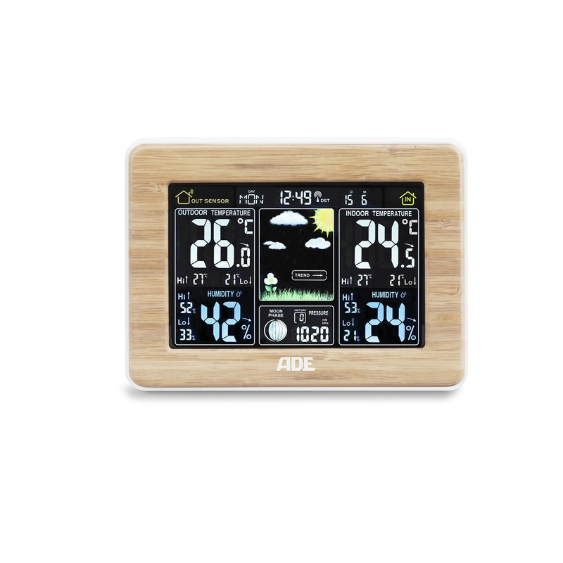 ADE - elektroniczna stacja pogodowa, 16,5 x 12 x 5,5 cm, bambusowa rama
