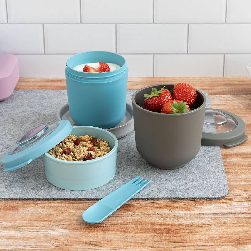 Amuse - pojemnik na jogurt 2 w 1 ze sztućcem i gumką szary