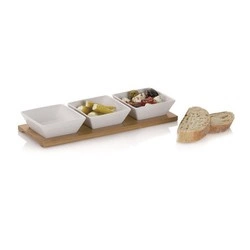 Kela - zestaw 3 kwadratowych porcelanowych miseczek na bambusowej podkładce, 33,5x12x5 cm, białe Philipa