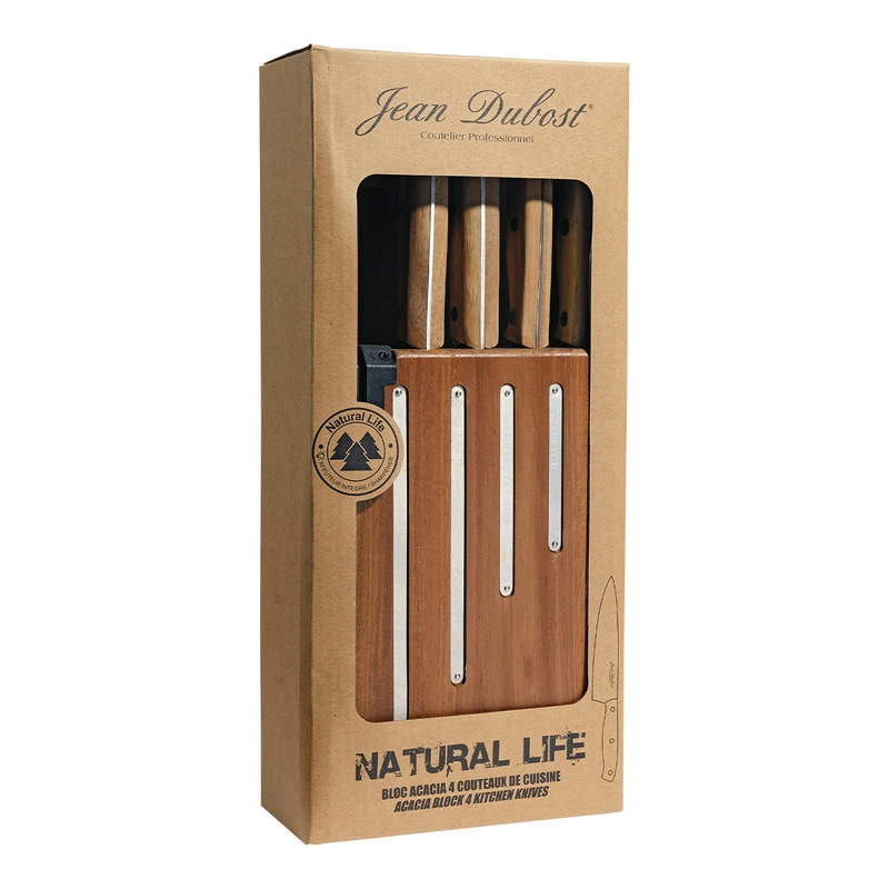 Jean Dubost - Blok z 4 nożami kuchennymi i ostrzałką - drewno akacjowe