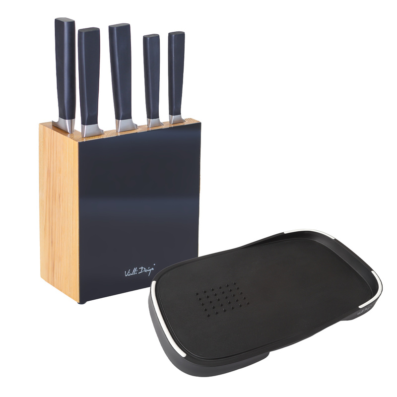 Vialli Design - Zestaw 5 noży w bloku FINO z deską Livio czarny 0