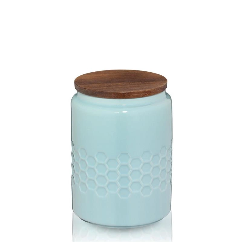 Kela - ceramiczny pojemnik z kauczukową pokrywką, śred. 10,5 cm, wys. 14,5 cm, 0,8 l, niebieski Mellis