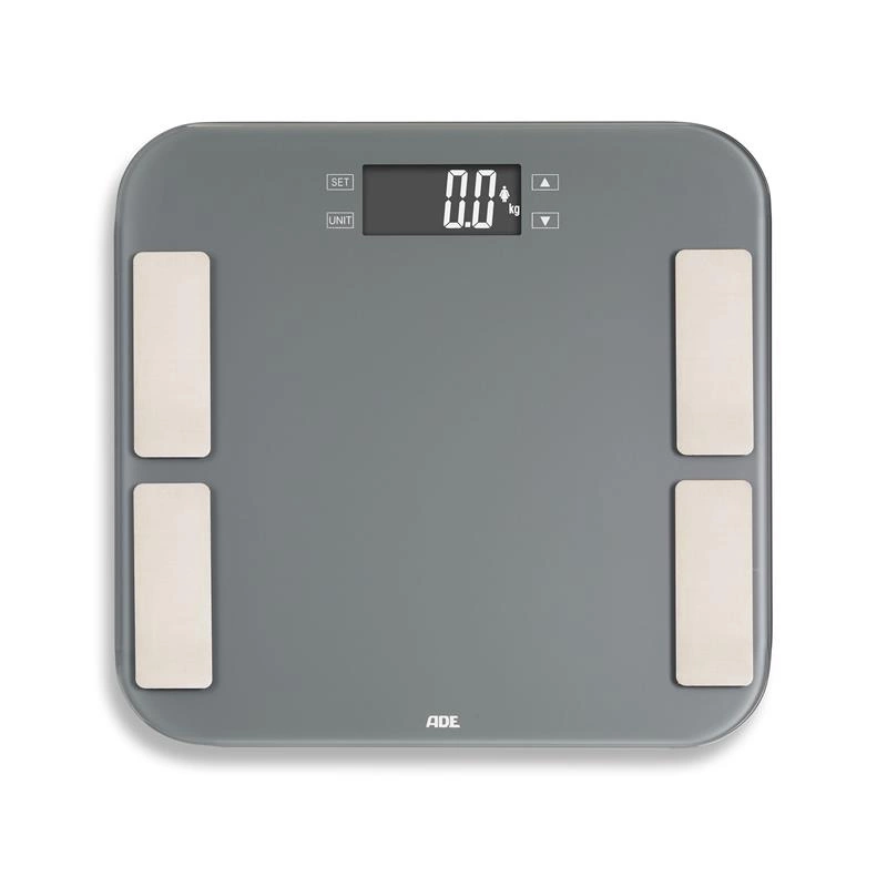 ADE - waga łazienkowa z analizą masy ciała, do 180 kg, 33 x 33 cm, szara Malou