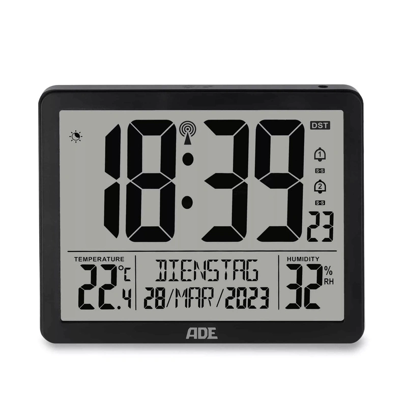 ADE - zegar elektroniczny, z kalendarzem, termometrem, higrometrem i budzikiem, 17,5 x 14 x 2,5 cm