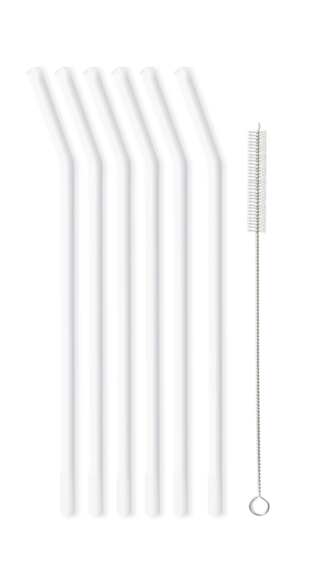 Vialli Design - Słomki szklane białe zakrzywione 23cm zestaw 6 sztuk ze szczoteczką