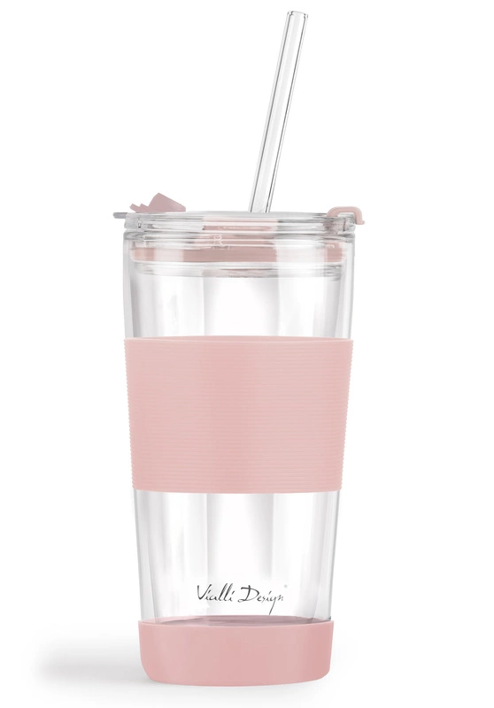 Vialli Design - Kubek termiczny szklany ze słomką 600 ml różowy Fuori