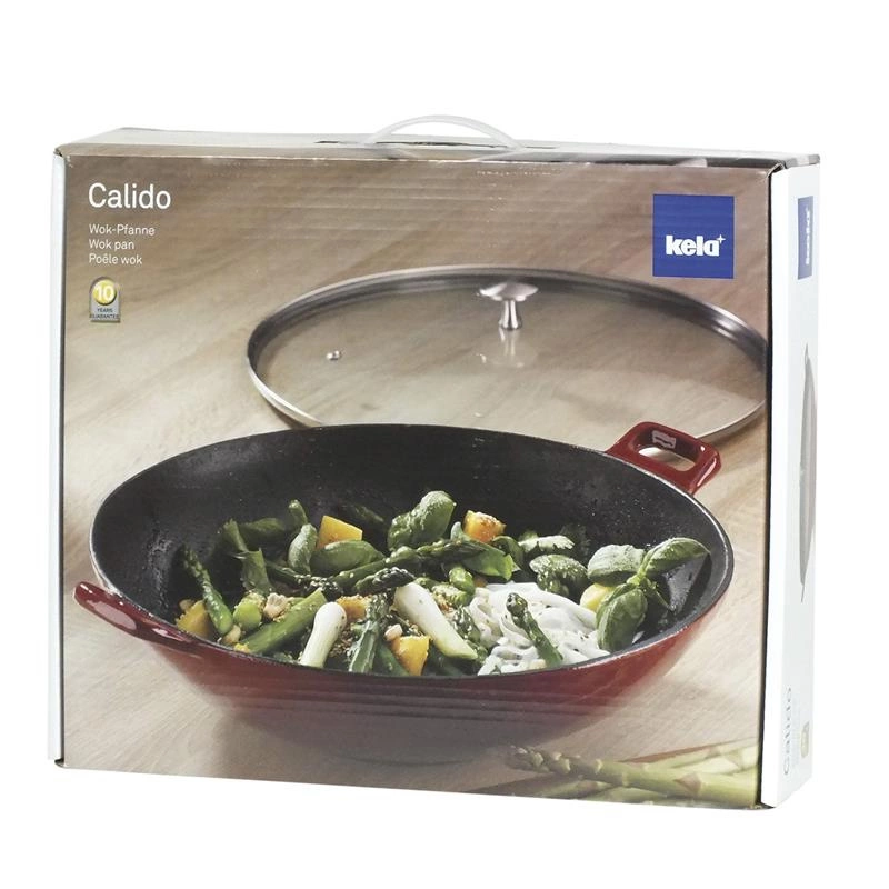 Kela - Wok żeliwny +pokrywa 4 l czerwony Calido