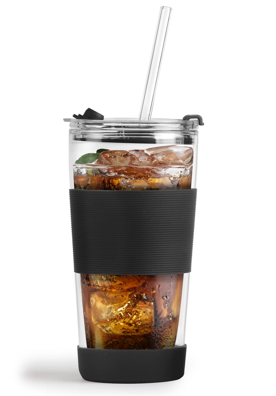 Vialli Design - Kubek termiczny szklany ze słomką 600 ml czarny Fuori