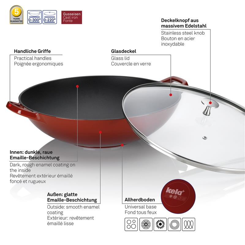 Kela - Wok żeliwny +pokrywa 4 l czerwony Calido