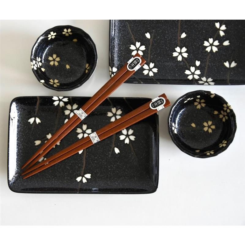 Made in Japan - Zestaw do sushi czarne, białe kwiaty- MADE IN JAPAN
