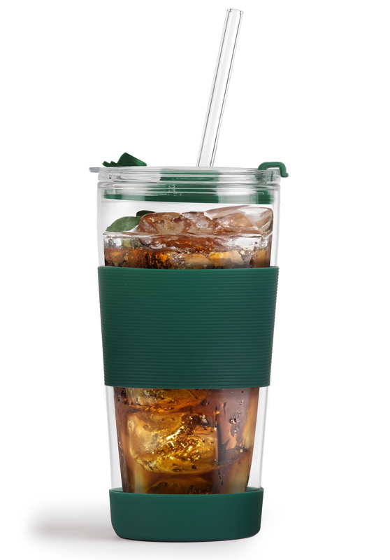 Vialli Design - Kubek termiczny szklany ze słomką 600 ml zielony Fuori