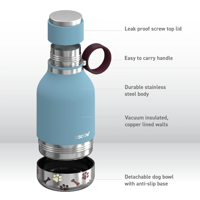 Asobu - Butelka STAINLESS z miską dla psa niebieska, 975ml
