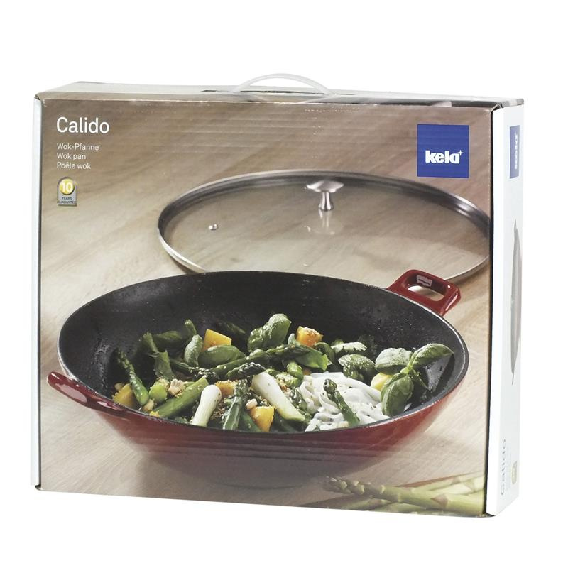 Kela - Wok żeliwny +pokrywa 4 l czerwony Calido