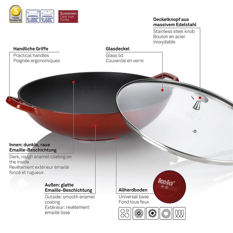 Kela - Wok żeliwny +pokrywa 4 l czerwony Calido