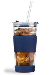 Vialli Design - Kubek termiczny szklany ze słomką 600 ml granatowy Fuori