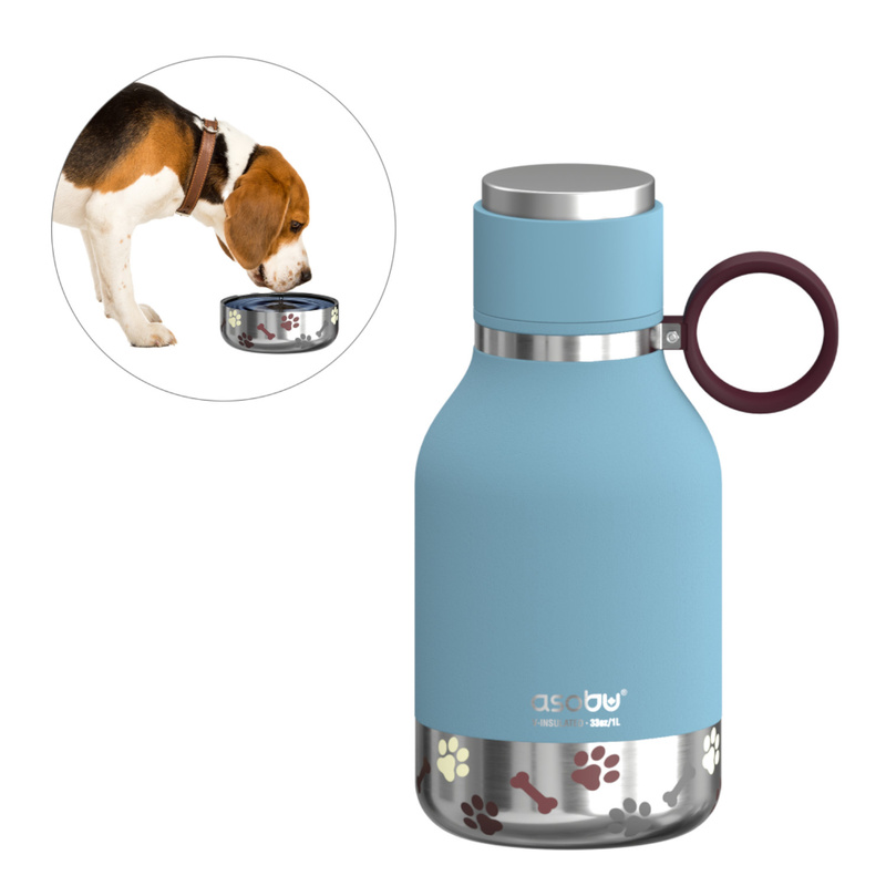 Asobu - Butelka STAINLESS z miską dla psa niebieska, 975ml