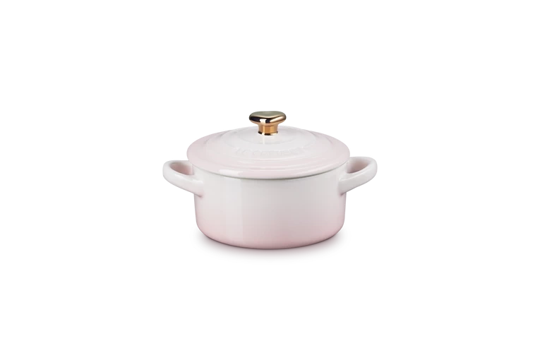 Le Creuset - Mini-Cocotte 10 cm ze złotą gałką serce Shell Pink