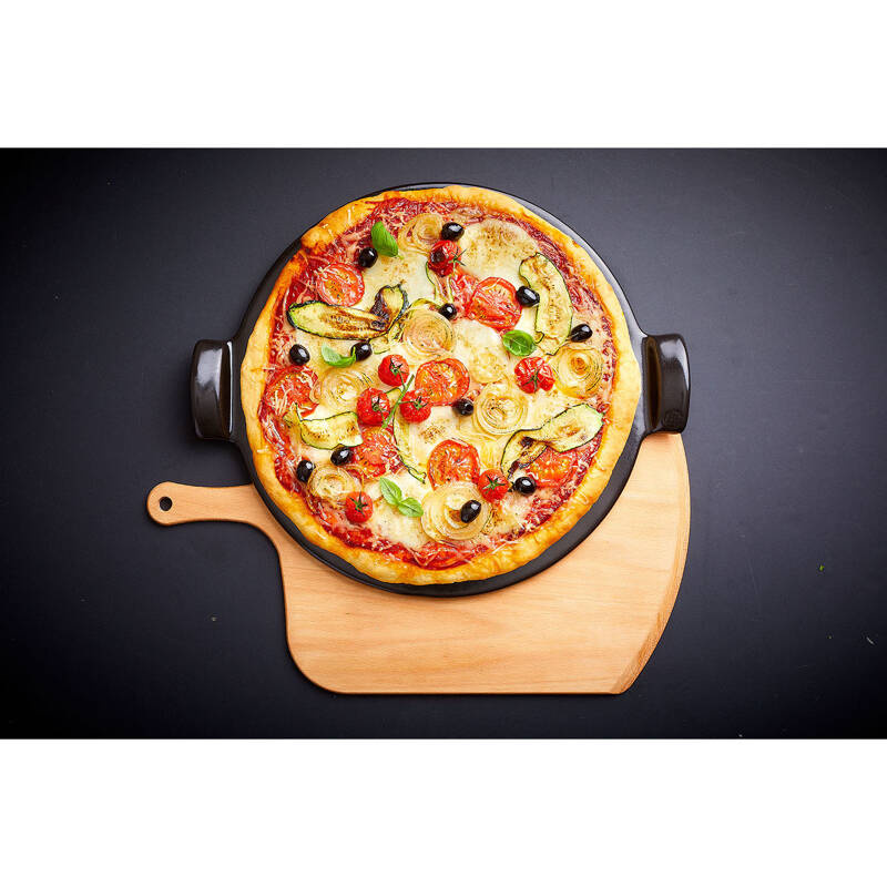 Emile Henry - Zestaw do pizzy- gładki kamień 37cm plus drewniana łopatka 43x33x0.8cm