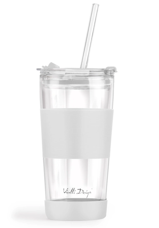 Vialli Design - Kubek termiczny szklany ze słomką 600 ml biały Fuori