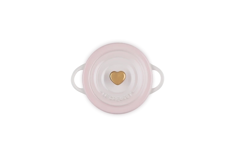 Le Creuset - Mini-Cocotte 10 cm ze złotą gałką serce Shell Pink