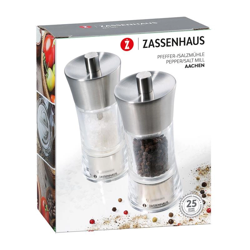 Zassenhaus - zestaw 2 młynków do soli i pieprzu, śred. 5,8x14 cm, stalowo-akrylowe Aachen