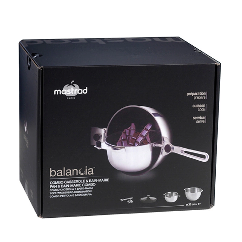 Mastrad - MISA BALANCIA (GARNEK) Z WKŁADEM DO KĄPIELI WODNEJ (ŚREDNICA 20 CM) – ZESTAW (3 ELEMENTY)srebrny, uchwyt i brzeg pokrywki czarny