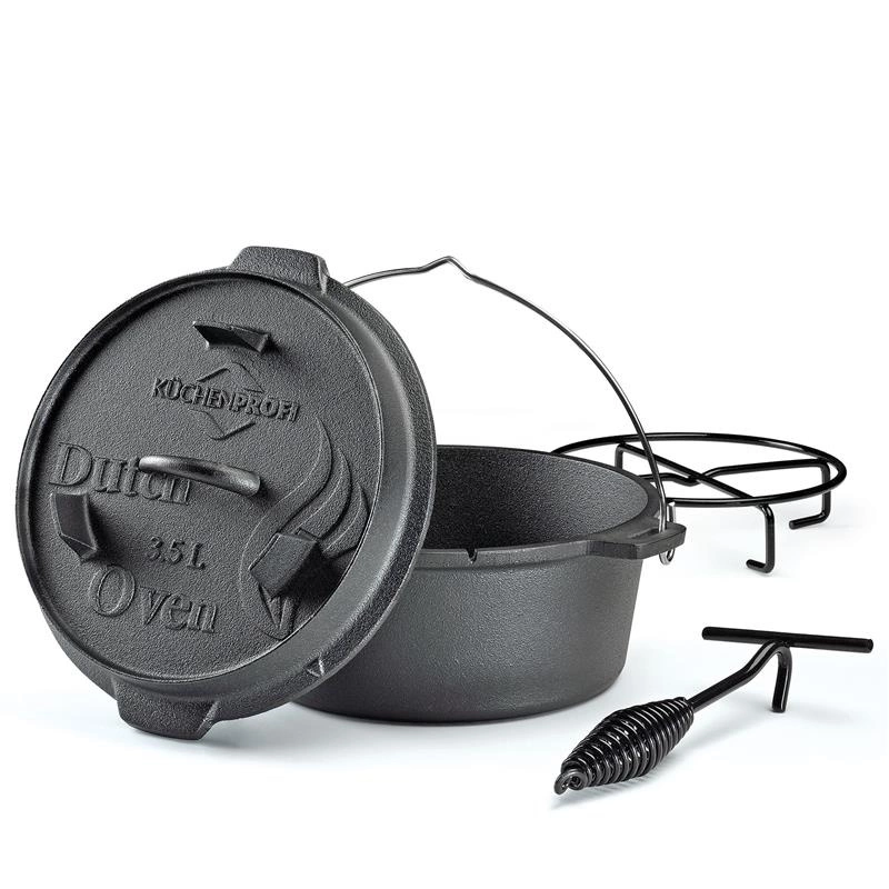 Kuchenprofi - garnek żeliwny, z akcesoriami do używania na grillu i nad ogniskiem, 3,5 l, śred. 24 x 13,5 cm Dutch Oven