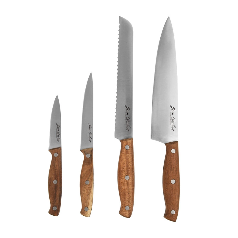 Jean Dubost - Blok z 4 nożami kuchennymi i ostrzałką - drewno akacjowe