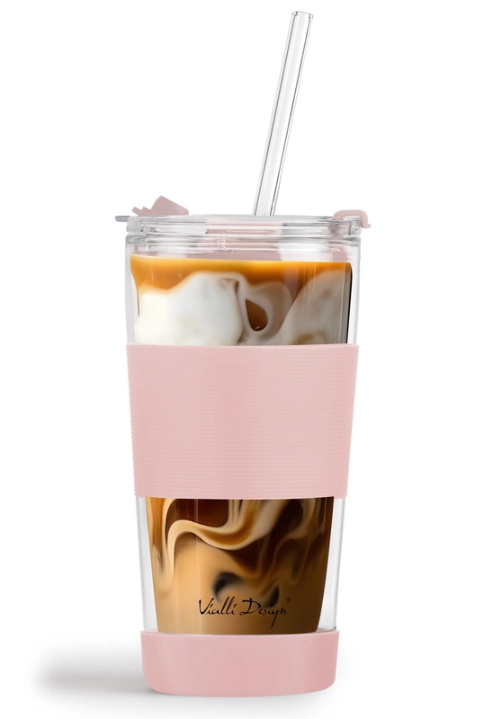 Vialli Design - Kubek termiczny szklany ze słomką 600 ml różowy Fuori