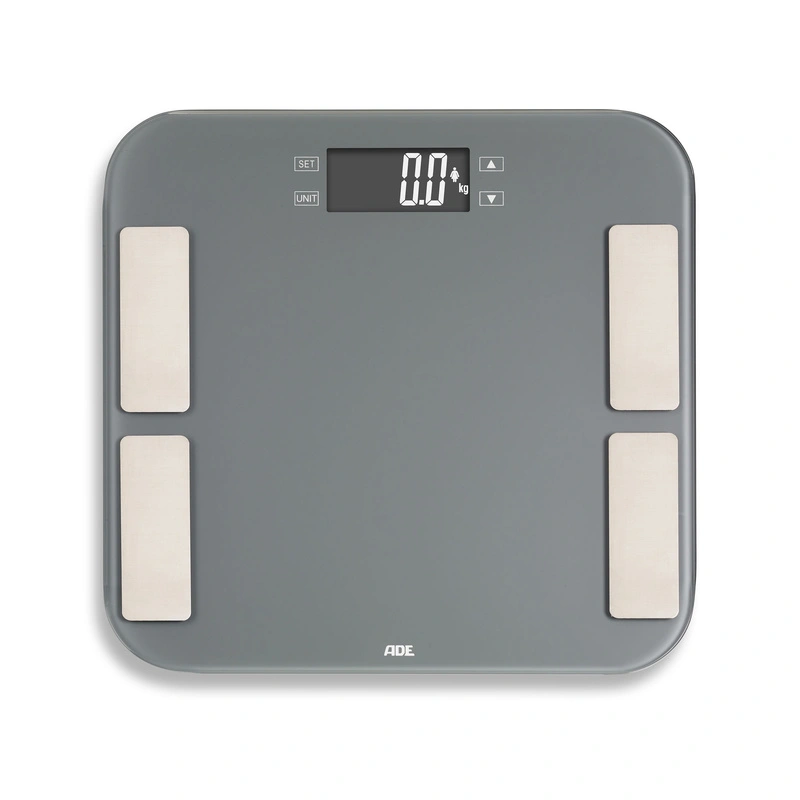 ADE - waga łazienkowa z analizą masy ciała, do 180 kg, 33 x 33 cm, szara Malou