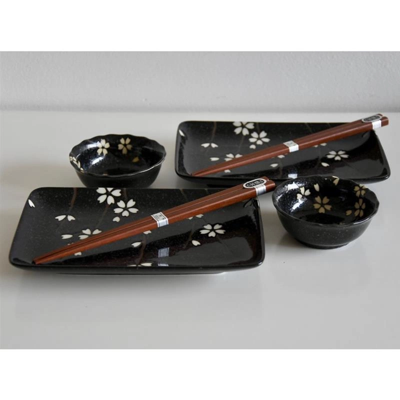 Made in Japan - Zestaw do sushi czarne, białe kwiaty- MADE IN JAPAN
